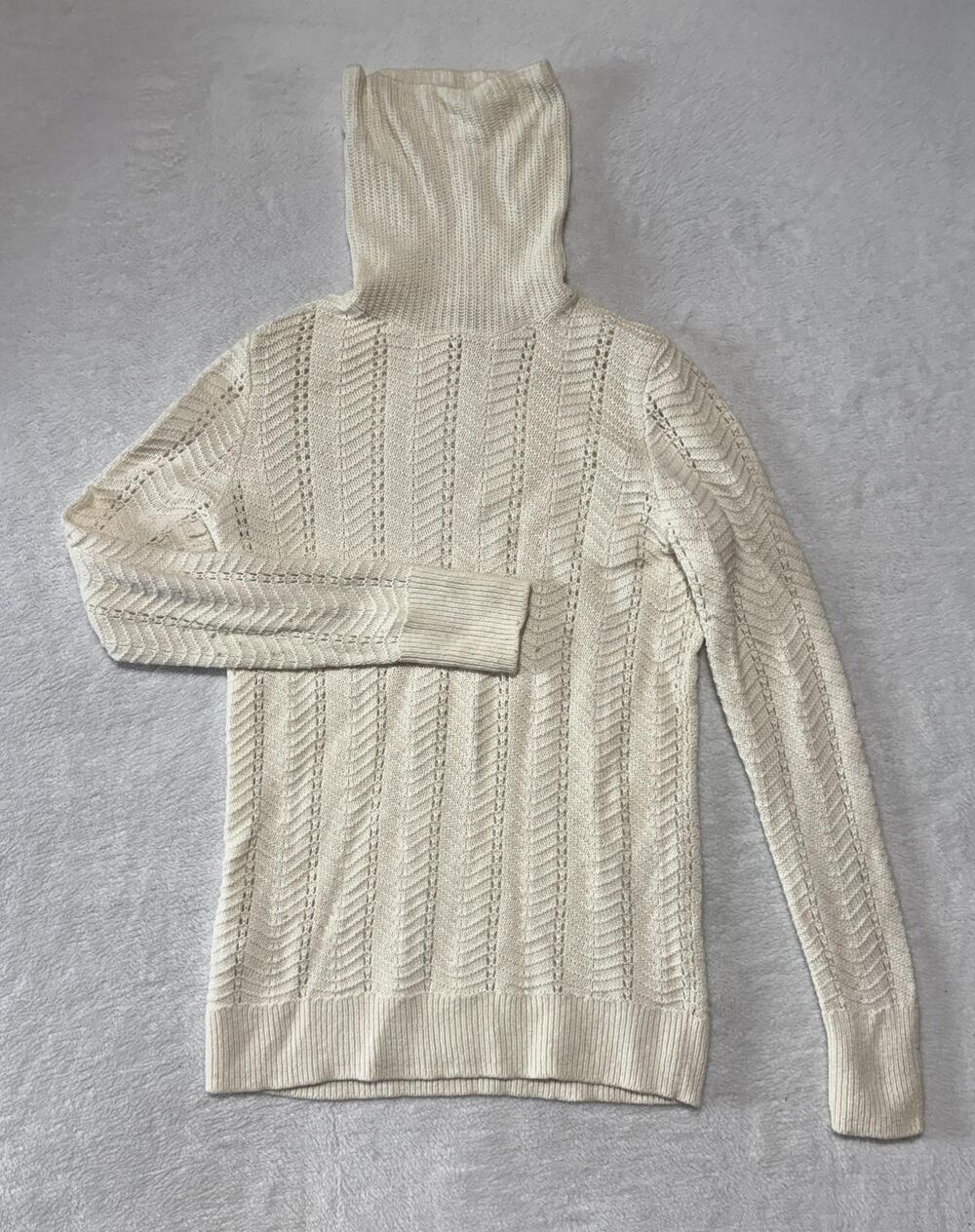 Ann Taylor LOFT Sweater Womens Medium White Turtleneck Open Knit Chevron